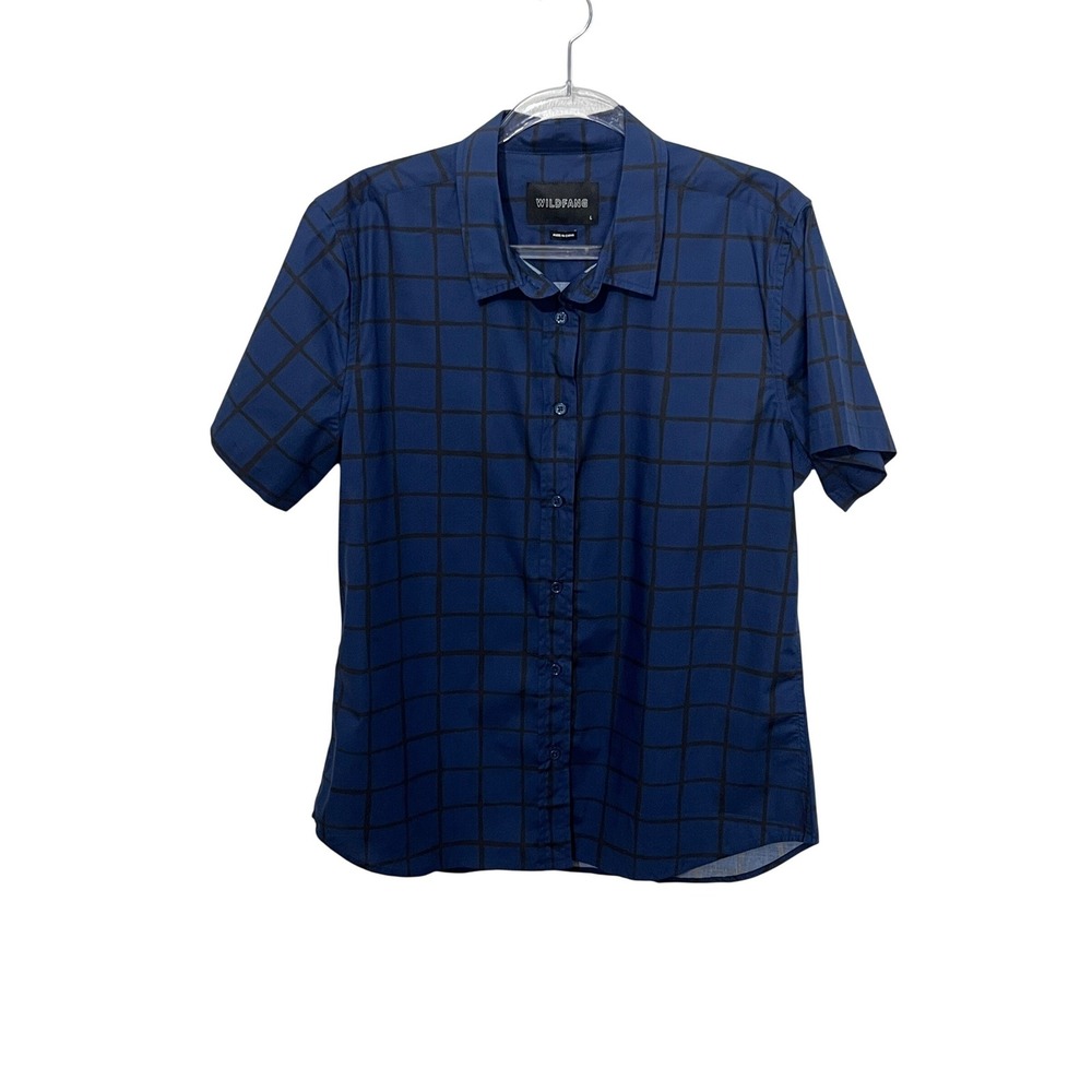 Wildfang Button Up Shirt Womens L Navy Blue Black Grid Short Sleeve WFS08